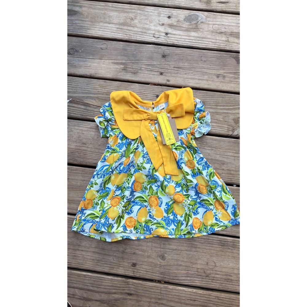 Cozy Pixies Baby Girl Lemon Citrus Tile Print Sun Dress Large Back Bow 6-9M NEW